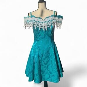 Roberta vintage 90s 80s blue satin prom dress tulle off-shoulder Medium